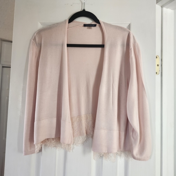 Tommy Hilfiger Women L Open Front Cardigan Pink Scalloped Lace Hem Sweater Boho - Picture 4 of 14